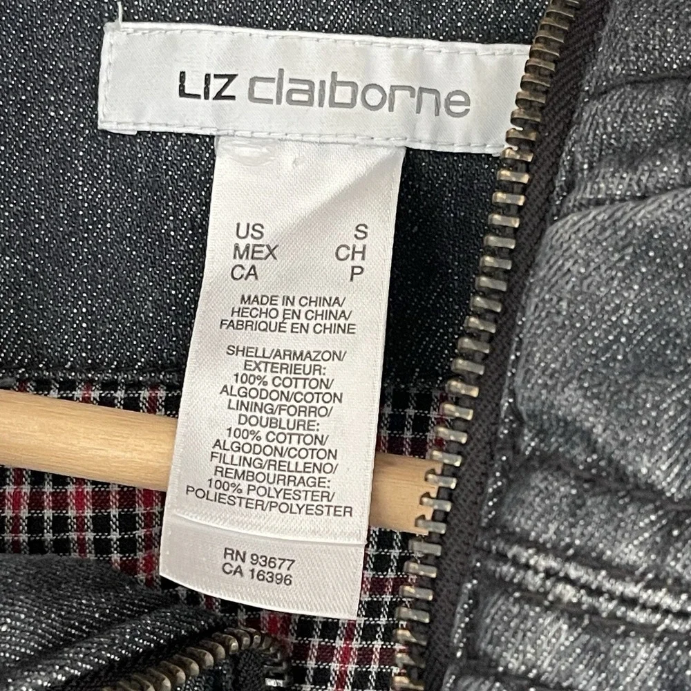 Liz Claiborne Denim Vest Womens S Grey Dark Wash Zip Up Plaid Lined Pockets